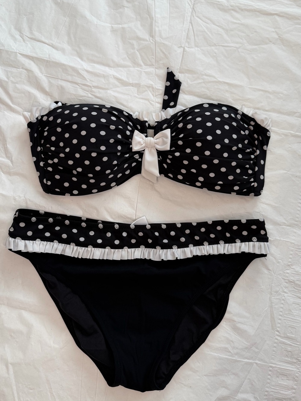 Black Polka Dot Bandeau Bikini Set with White Ruffle Bow